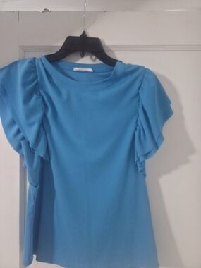 Ces Femme Bright Turquoise Ruffle Sleeve Blouse
